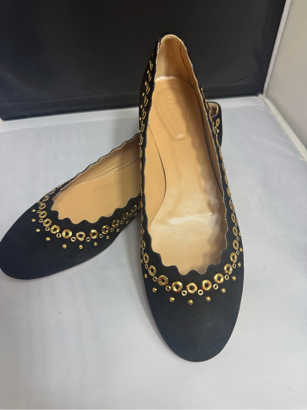 Chloe Black Scalloped Ballet Flats with Gold Eyelet Studs